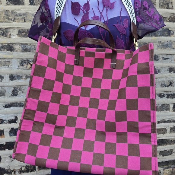 CLARE V. Pink and Brown Checkered Tote Bag - Picture 6 of 12